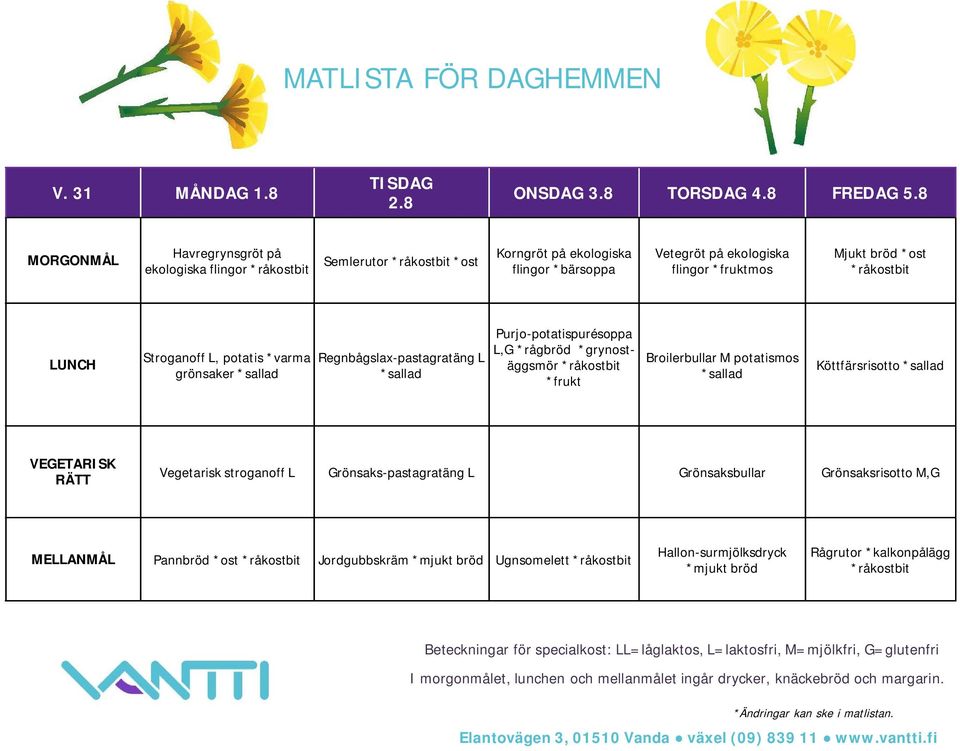 potatis *varma grönsaker Regnbågslax-pastagratäng L Purjo-potatispurésoppa L,G *rågbröd *grynostäggsmör *frukt Broilerbullar M