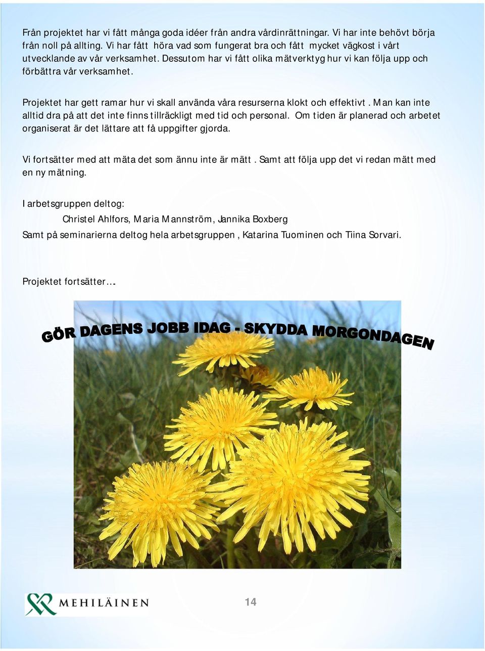Projektet har gett ramar hur vi skall använda våra resurserna klokt och effektivt. Man kan inte alltid dra på att det inte finns tillräckligt med tid och personal.