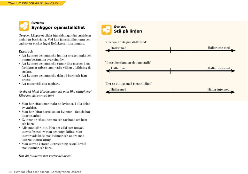Att kvinnor och män ska tjänar lika mycket i lön för likartat arbete samt välja vilken utbildning de önskar. Att kvinnor och män ska dela på barn och hemarbete. Att mäns våld ska upphöra.