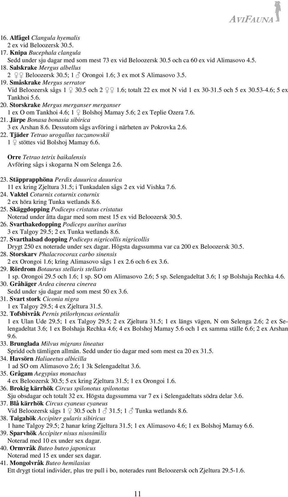 5 och 5 ex 30.53-4.6; 5 ex Tankhoi 5.6. 20. Storskrake Mergus merganser merganser 1 ex O om Tankhoi 4.6; 1 Bolshoj Mamay 5.6; 2 ex Teplie Ozera 7.6. 21. Järpe Bonasa bonasia sibirica 3 ex Arshan 8.6. Dessutom sågs avföring i närheten av Pokrovka 2.