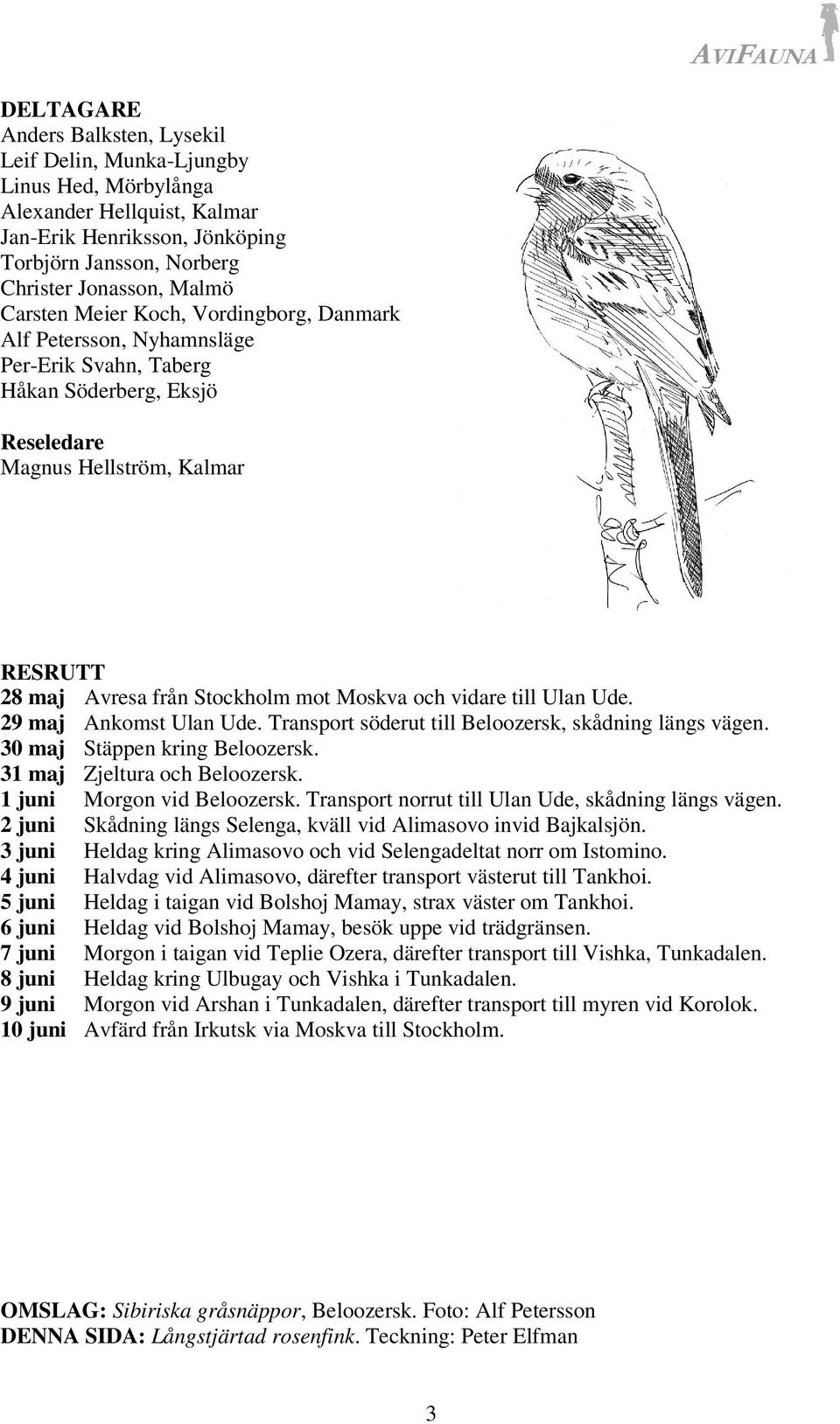 och vidare till Ulan Ude. 29 maj Ankomst Ulan Ude. Transport söderut till Beloozersk, skådning längs vägen. 30 maj Stäppen kring Beloozersk. 31 maj Zjeltura och Beloozersk.