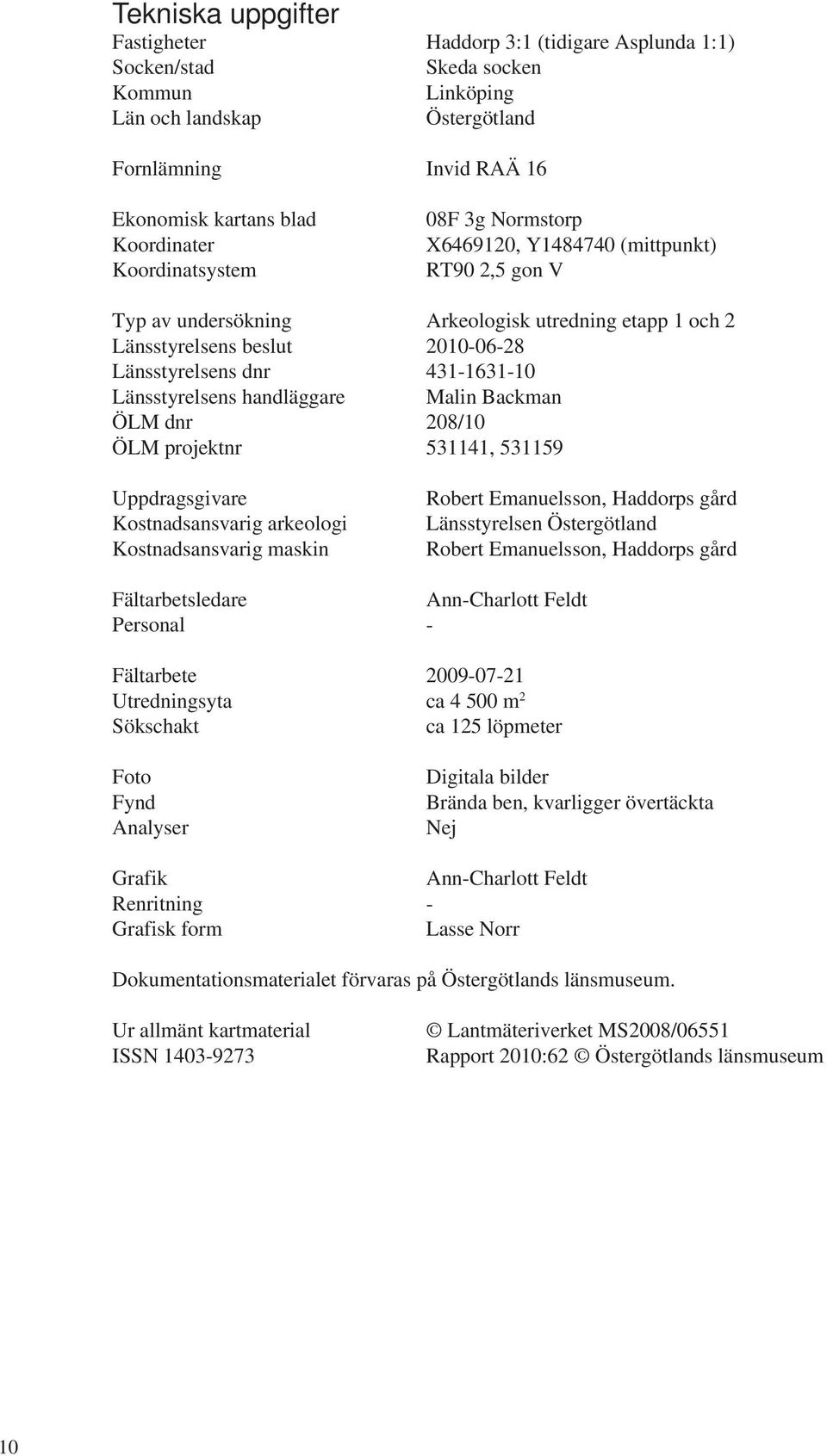 Länsstyrelsens handläggare Malin Backman ÖLM dnr 208/10 ÖLM projektnr 531141, 531159 Uppdragsgivare Kostnadsansvarig arkeologi Kostnadsansvarig maskin Robert Emanuelsson, Haddorps gård Länsstyrelsen