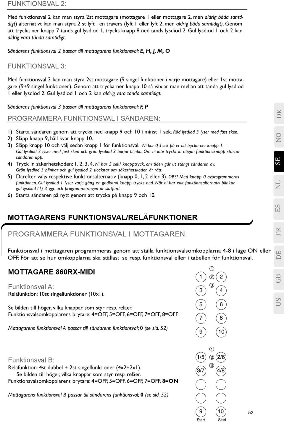 Sändarens funktionsval 2 passar till mottagarens funktionsval: E, H, J, M, O FUNKTIONSVAL 3: Med funktionsval 3 kan man styra 2st mottagare (9 singel funktioner i varje mottagare) eller 1st mottagare