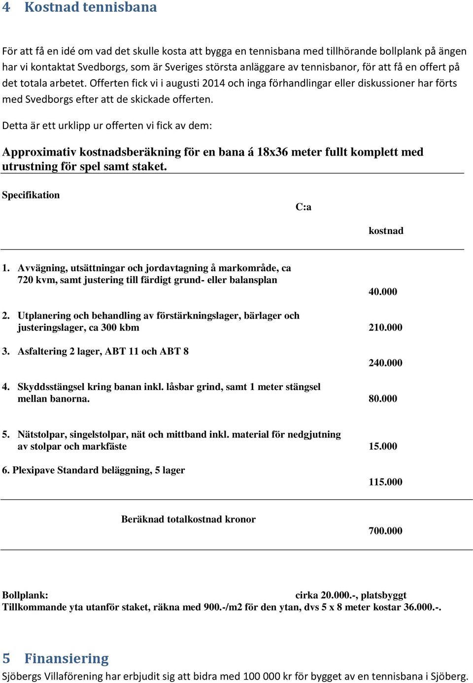 Detta är ett urklipp ur offerten vi fick av dem: Approximativ kostnadsberäkning för en bana á 18x36 meter fullt komplett med utrustning för spel samt staket. Specifikation C:a kostnad 1.