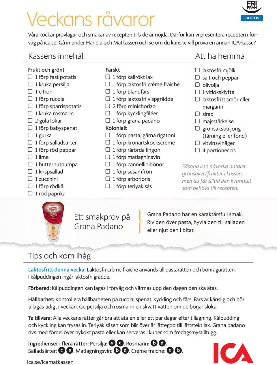 röd peppar 1 lime 1 butternutpumpa 1 krispsallad 1 zucchini 1 förp rödkål 1 röd paprika Färskt 1 förp kallrökt lax 1 förp laktosfri crème fraiche 1 förp blandfärs 1 förp laktosfri vispgrädde 2 förp