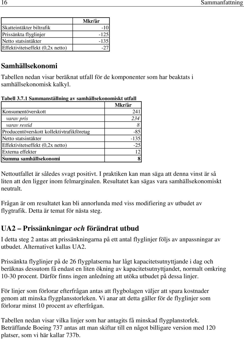 1 Sammanställning av samhällsekonomiskt utfall Mkr/år Konsumentöverskott 241 varav pris 234 varav restid 8 Producentöverskott kollektivtrafikföretag -85 Netto statsintäkter -135 Effektivitetseffekt