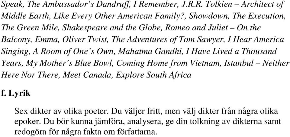 Singing, A Room of One s Own, Mahatma Gandhi, I Have Lived a Thousand Years, My Mother s Blue Bowl, Coming Home from Vietnam, Istanbul Neither Here Nor There, Meet