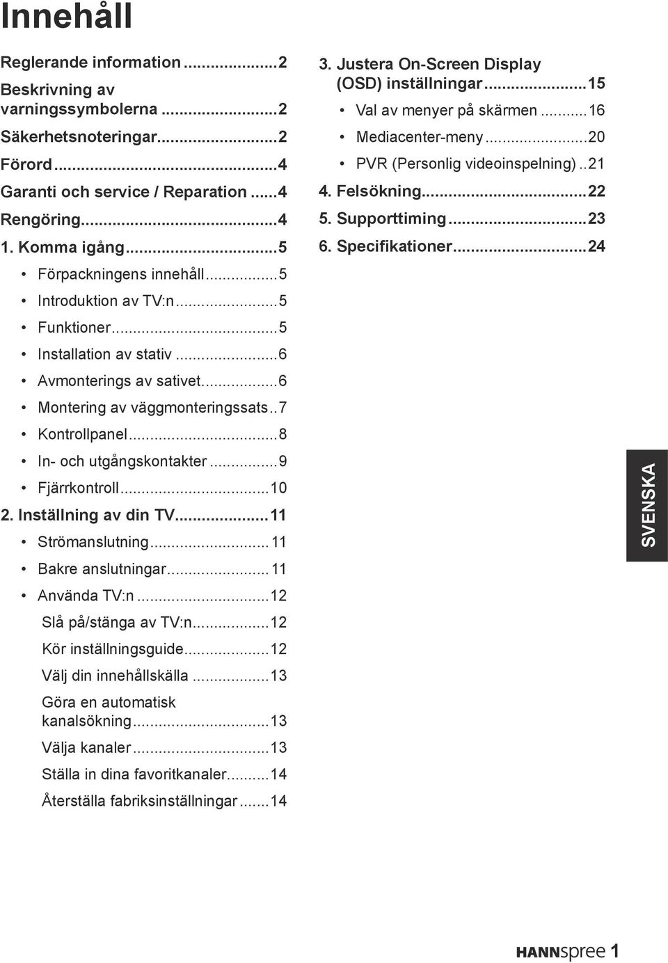 ..8 In- och utgångskontakter...9 Fjärrkontroll...10 2. Inställning av din TV...11 Strömanslutning...11 Bakre anslutningar...11 Använda TV:n...12 Slå på/stänga av TV:n...12 Kör inställningsguide.