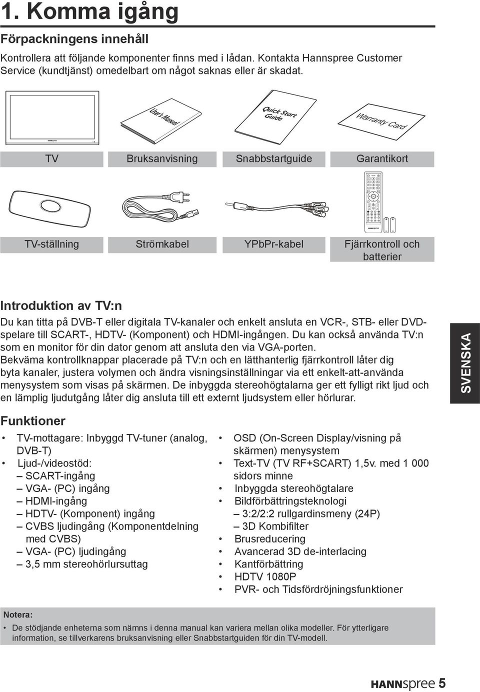User's Manual Quick Start Guide TV Bruksanvisning Snabbstartguide Garantikort TV-ställning Strömkabel YPbPr-kabel Fjärrkontroll och batterier Introduktion av TV:n Du kan titta på DVB-T eller digitala