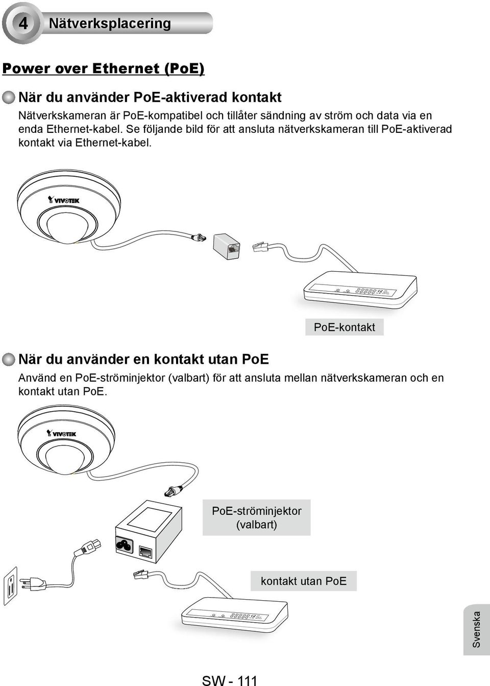 Se följande bild för att ansluta nätverkskameran till PoE-aktiverad kontakt via Ethernet-kabel.