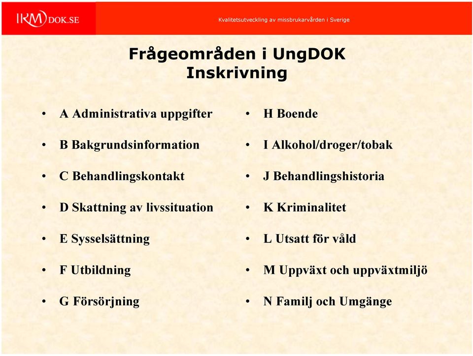 Sysselsättning F Utbildning G Försörjning H Boende I Alkohol/droger/tobak J