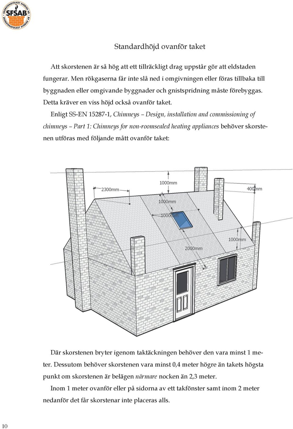 Enligt SS-EN 15287-1, Chimneys Design, installation and commissioning of chimneys Part 1: Chimneys for non-roomsealed heating appliances behöver skorstenen utföras med följande mått ovanför taket: