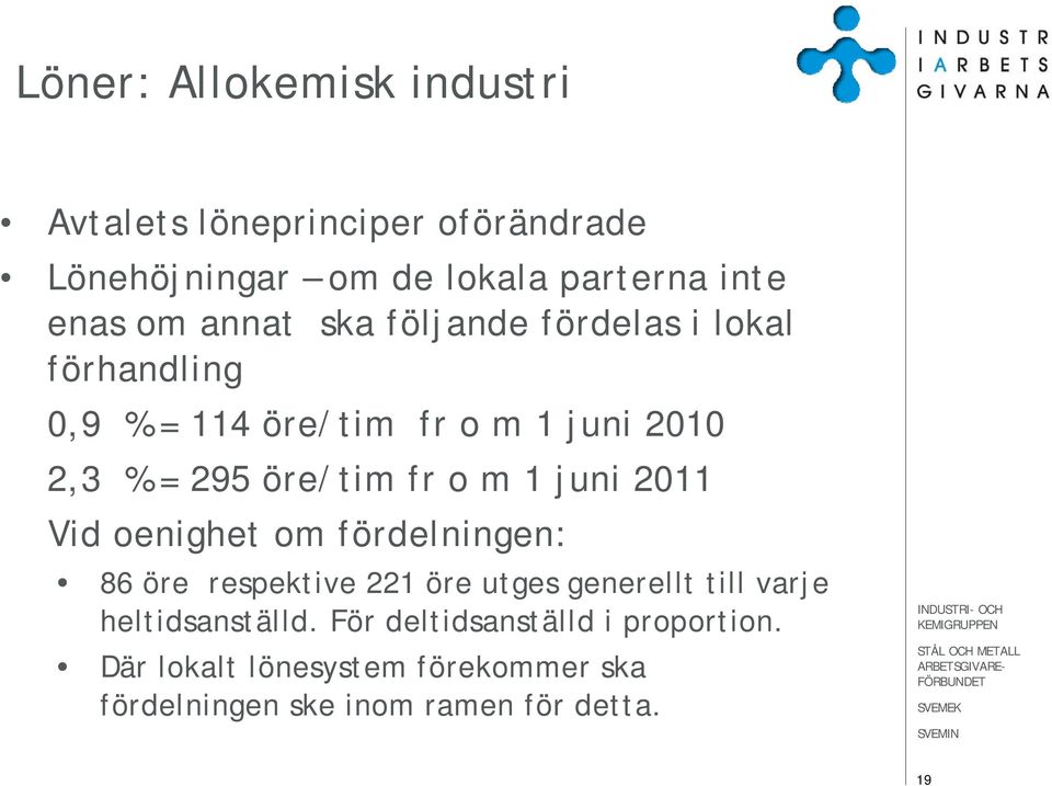 m 1 juni 2011 Vid oenighet om fördelningen: 86 öre respektive 221 öre utges generellt till varje heltidsanställd.