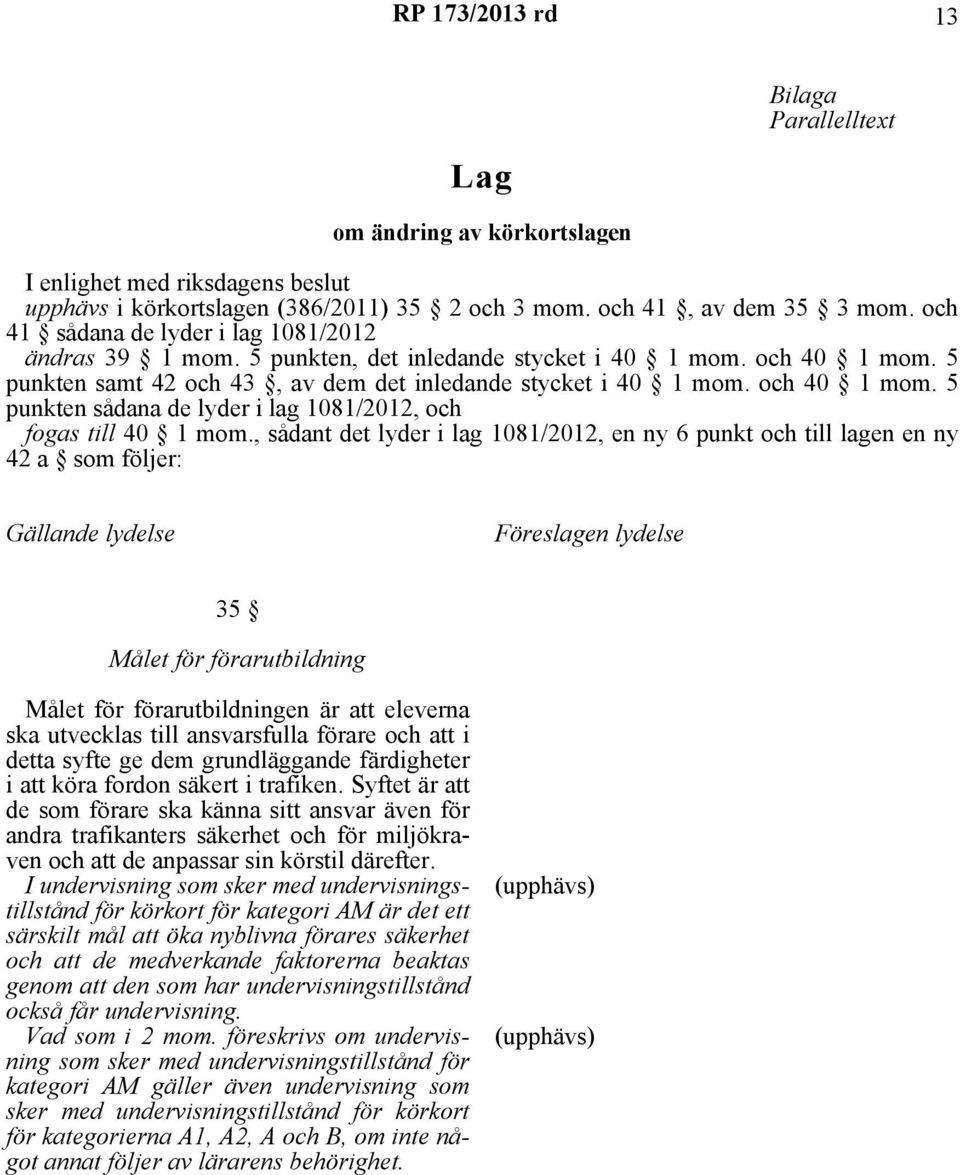 , sådant det lyder i lag 1081/2012, en ny 6 punkt och till lagen en ny 42 a som följer: Gällande lydelse Föreslagen lydelse 35 Målet för förarutbildning Målet för förarutbildningen är att eleverna
