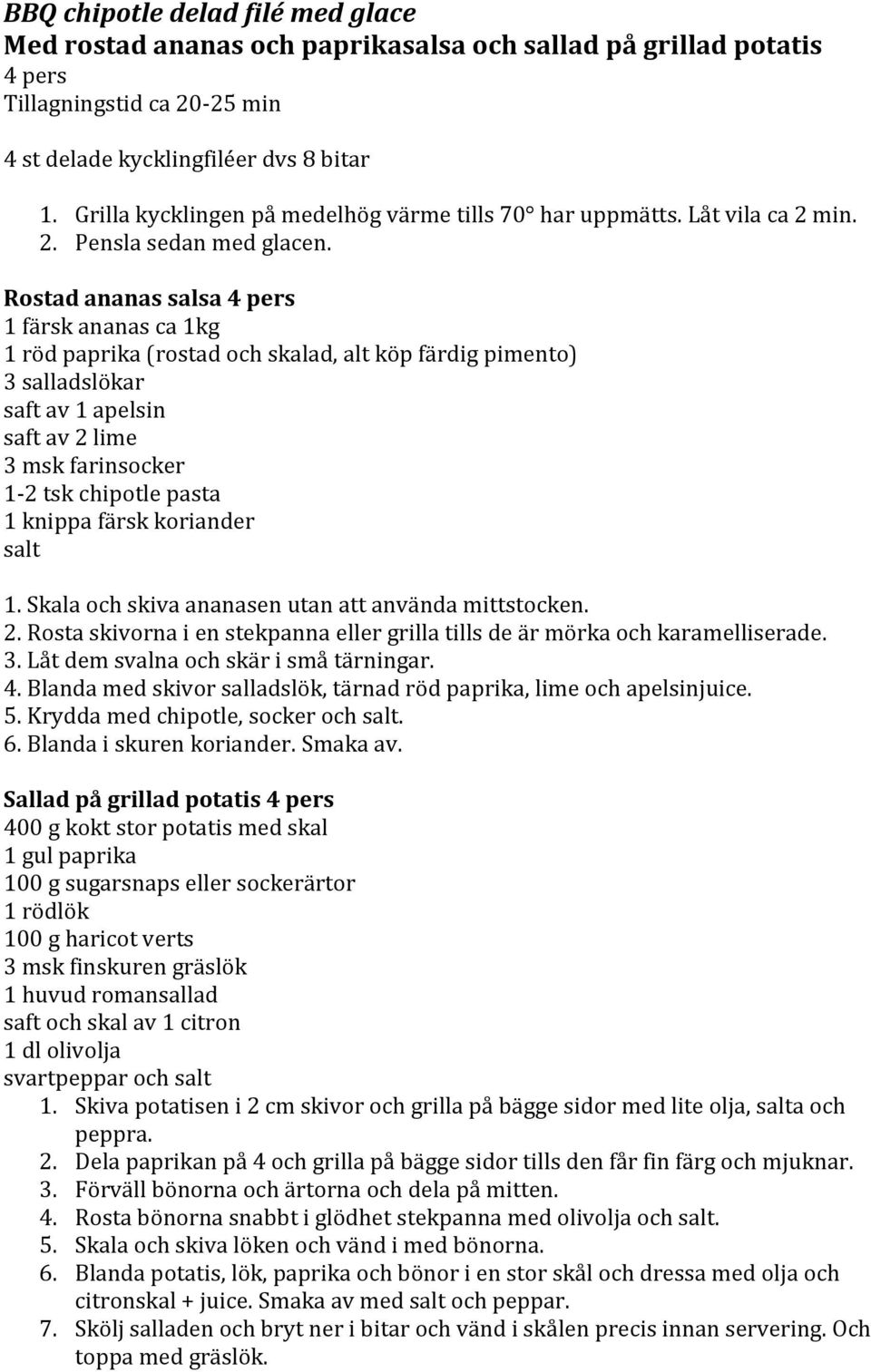 Rostad ananas salsa 4 pers 1 färsk ananas ca 1kg 1 röd paprika (rostad och skalad, alt köp färdig pimento) 3 salladslökar saft av 1 apelsin saft av 2 lime 3 msk farinsocker 1-2 tsk chipotle pasta 1