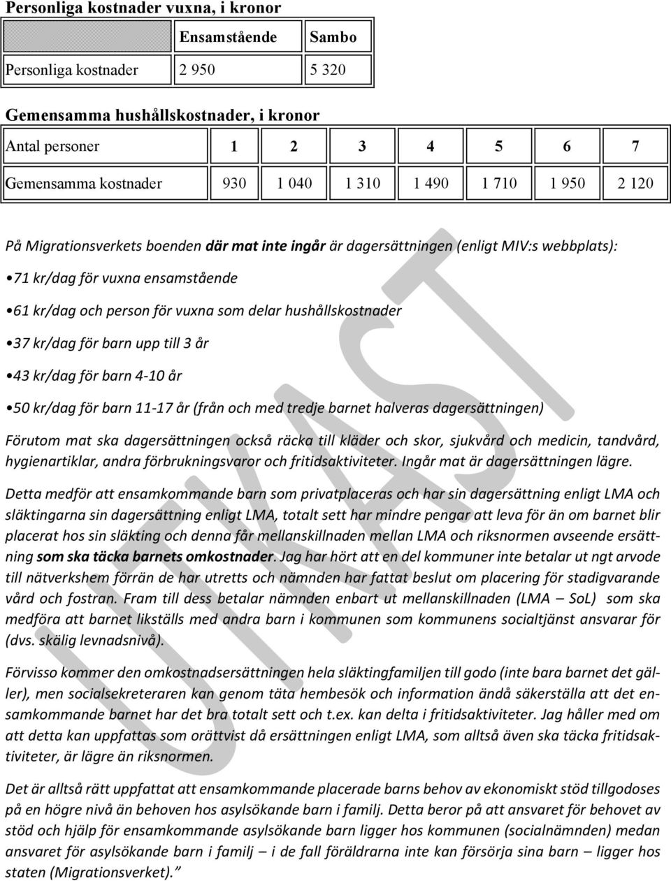 hushållskostnader 37 kr/dag för barn upp till 3 år 43 kr/dag för barn 4-10 år 50 kr/dag för barn 11-17 år (från och med tredje barnet halveras dagersättningen) Förutom mat ska dagersättningen också