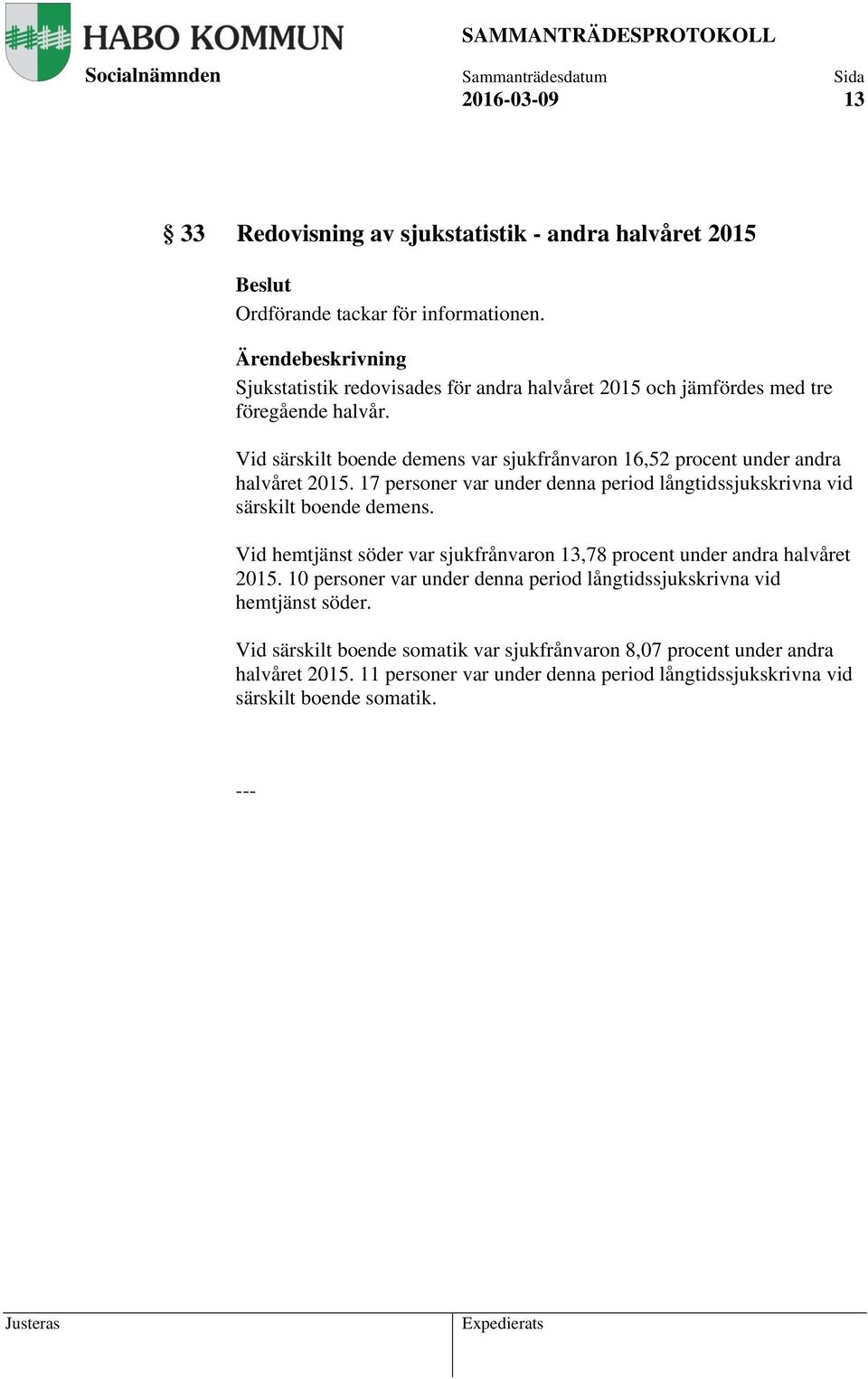 Vid särskilt boende demens var sjukfrånvaron 16,52 procent under andra halvåret 2015. 17 personer var under denna period långtidssjukskrivna vid särskilt boende demens.