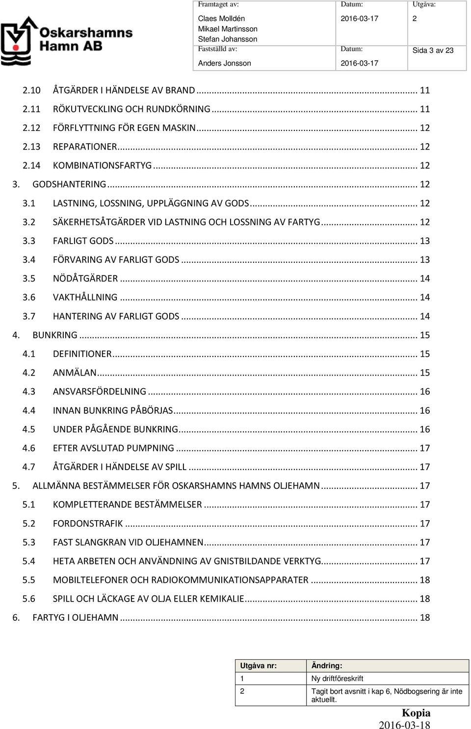 .. 13 3.4 FÖRVARING AV FARLIGT GODS... 13 3.5 NÖDÅTGÄRDER... 14 3.6 VAKTHÅLLNING... 14 3.7 HANTERING AV FARLIGT GODS... 14 4. BUNKRING... 15 4.1 DEFINITIONER... 15 4.2 ANMÄLAN... 15 4.3 ANSVARSFÖRDELNING.