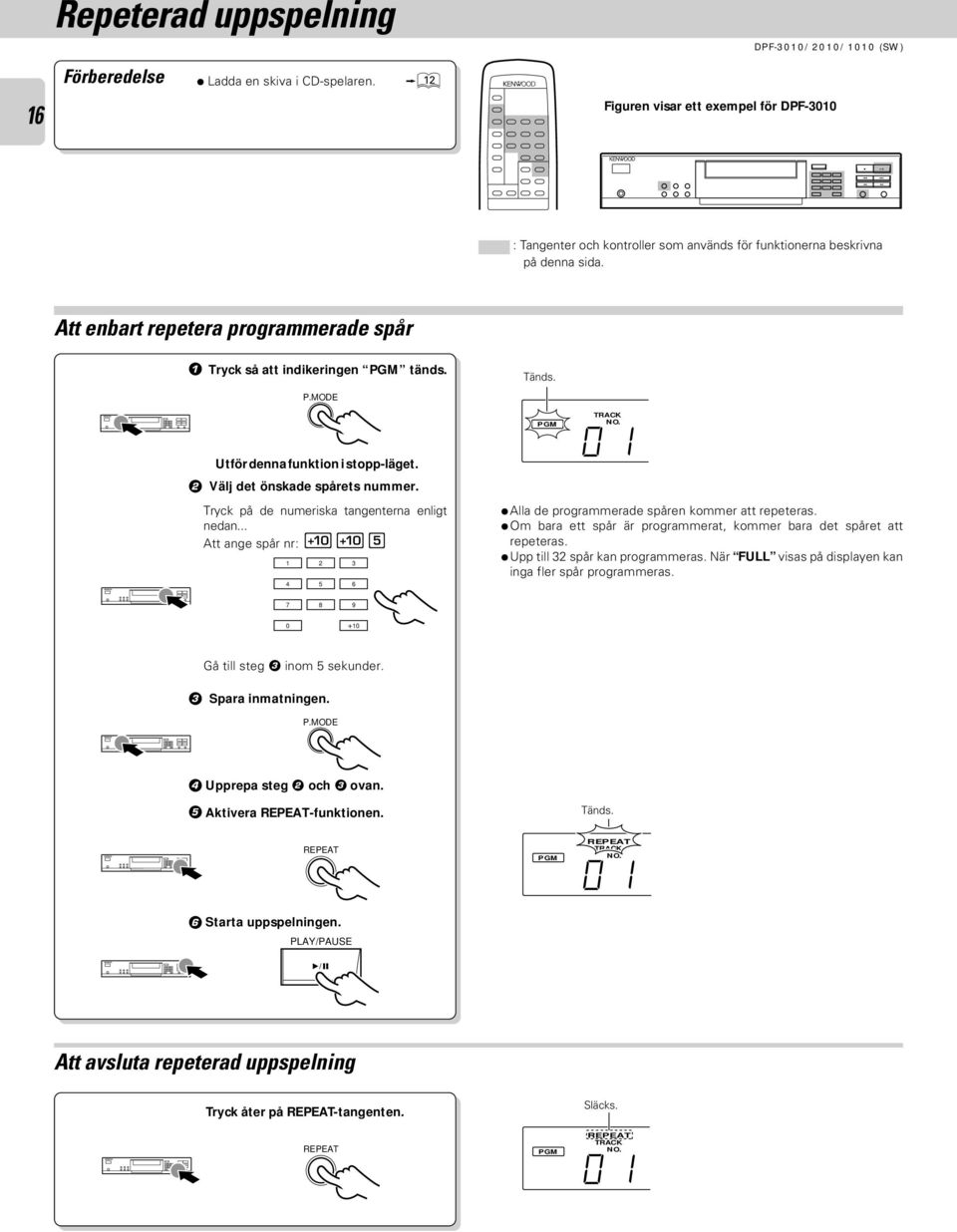 Tryck på de numeriska tangenterna enligt nedan... Att ange spår nr: 005 2 3 5 6 PGM 0 Alla de programmerade spåren kommer att repeteras.