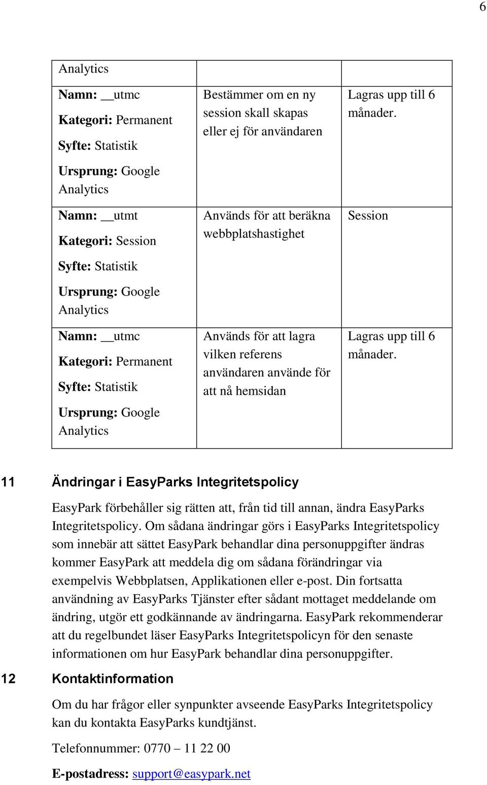 Lagras upp till 6 månader. 11 Ändringar i EasyParks Integritetspolicy EasyPark förbehåller sig rätten att, från tid till annan, ändra EasyParks Integritetspolicy.