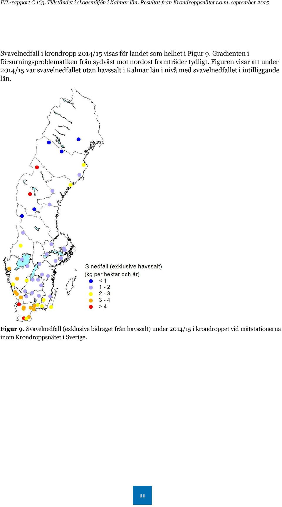 Figuren visar att under 2014/15 var svavelnedfallet utan havssalt i Kalmar län i nivå med svavelnedfallet