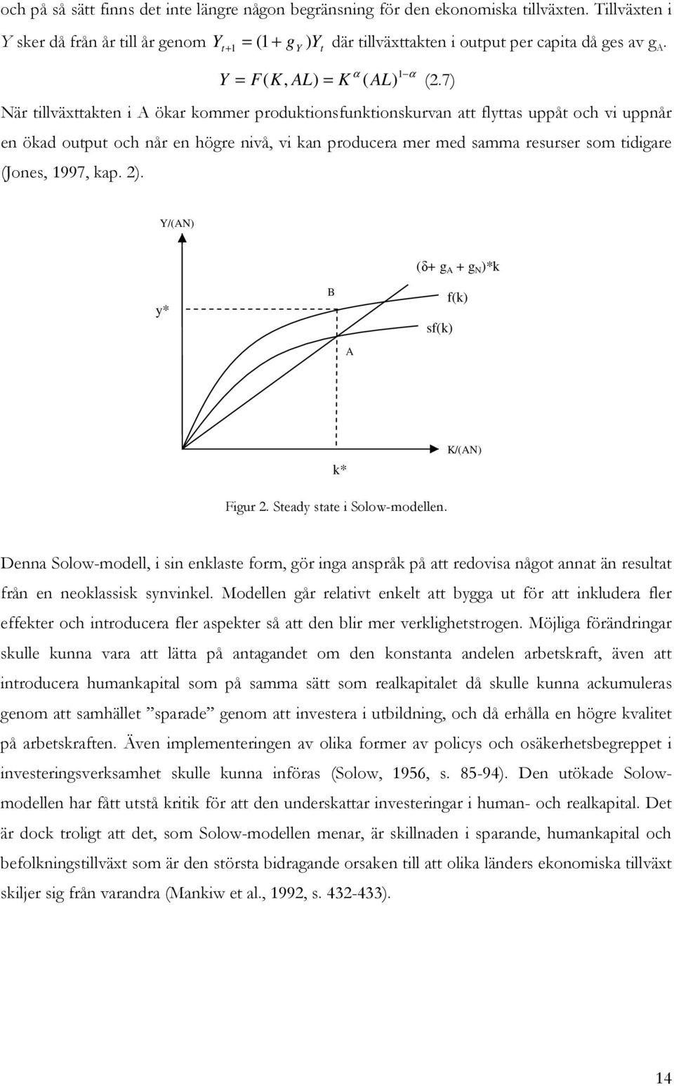 7) När illväxaken i A ökar kommer produkionsfunkionskurvan a flyas uppå och vi uppnår en ökad oupu och når en högre nivå, vi kan producera mer med samma resurser som idigare (Jones, 1997, kap. 2).