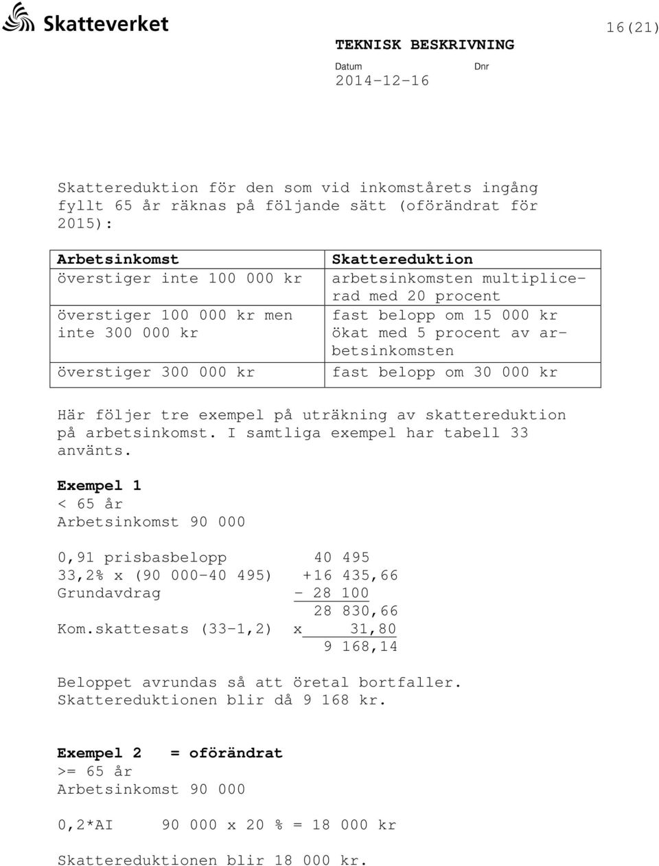 tre exempel på uträkning av skattereduktion på arbetsinkomst. I samtliga exempel har tabell 33 använts.