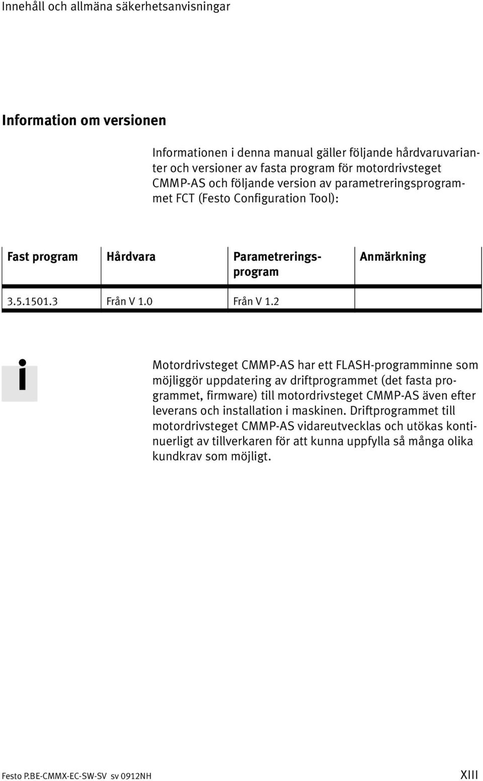 2 Motordrivsteget CMMP AS har ett FLASH programminne som möjliggör uppdatering av driftprogrammet (det fasta pro grammet, firmware) till motordrivsteget CMMP AS även efter leverans