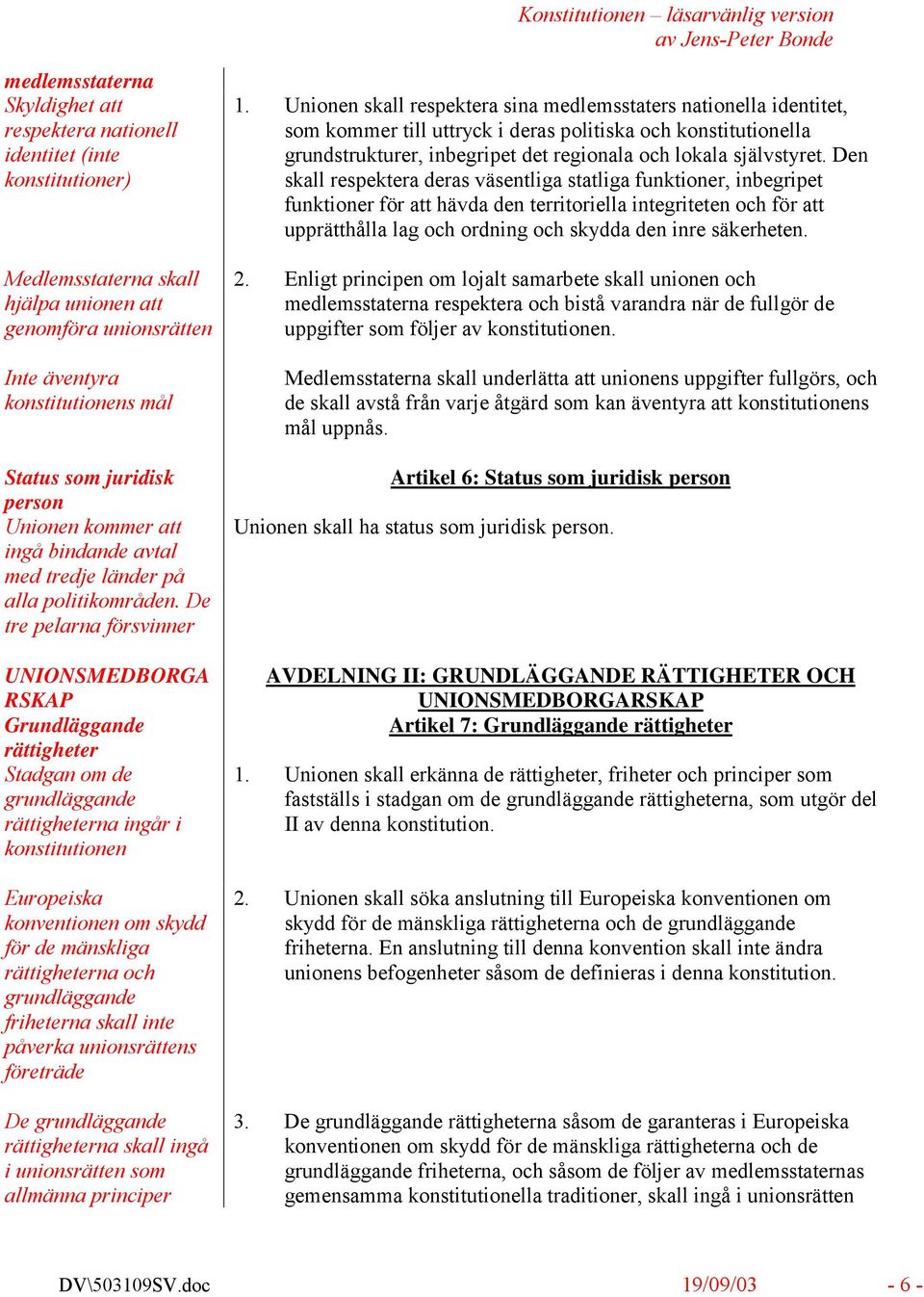 De tre pelarna försvinner UNIONSMEDBORGA RSKAP Grundläggande rättigheter Stadgan om de grundläggande rättigheterna ingår i konstitutionen Europeiska konventionen om skydd för de mänskliga