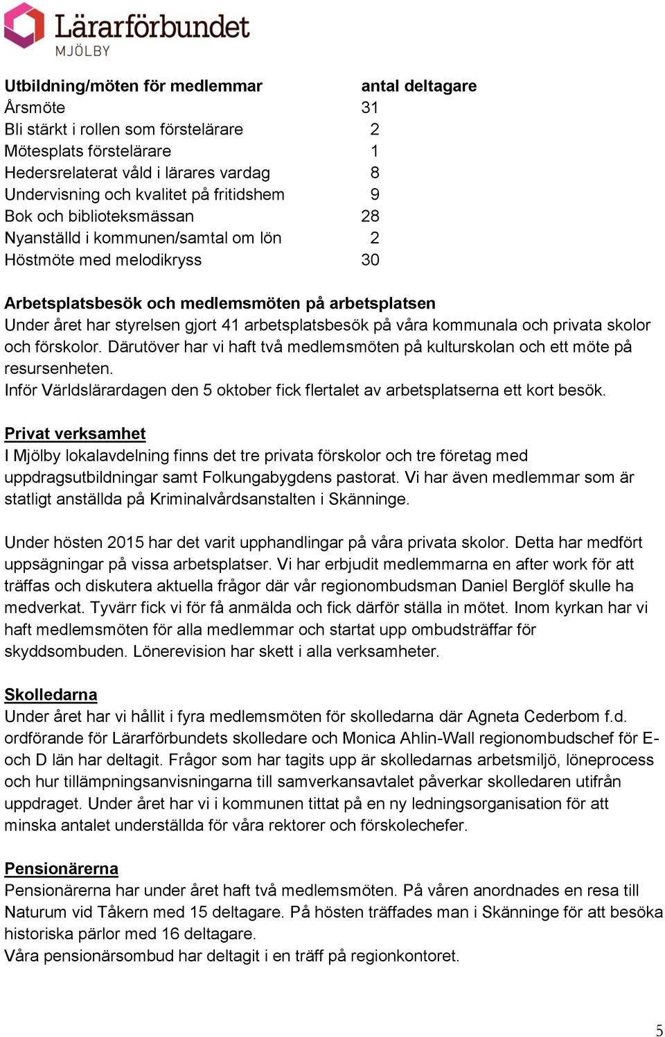 arbetsplatsbesök på våra kommunala och privata skolor och förskolor. Därutöver har vi haft två medlemsmöten på kulturskolan och ett möte på resursenheten.