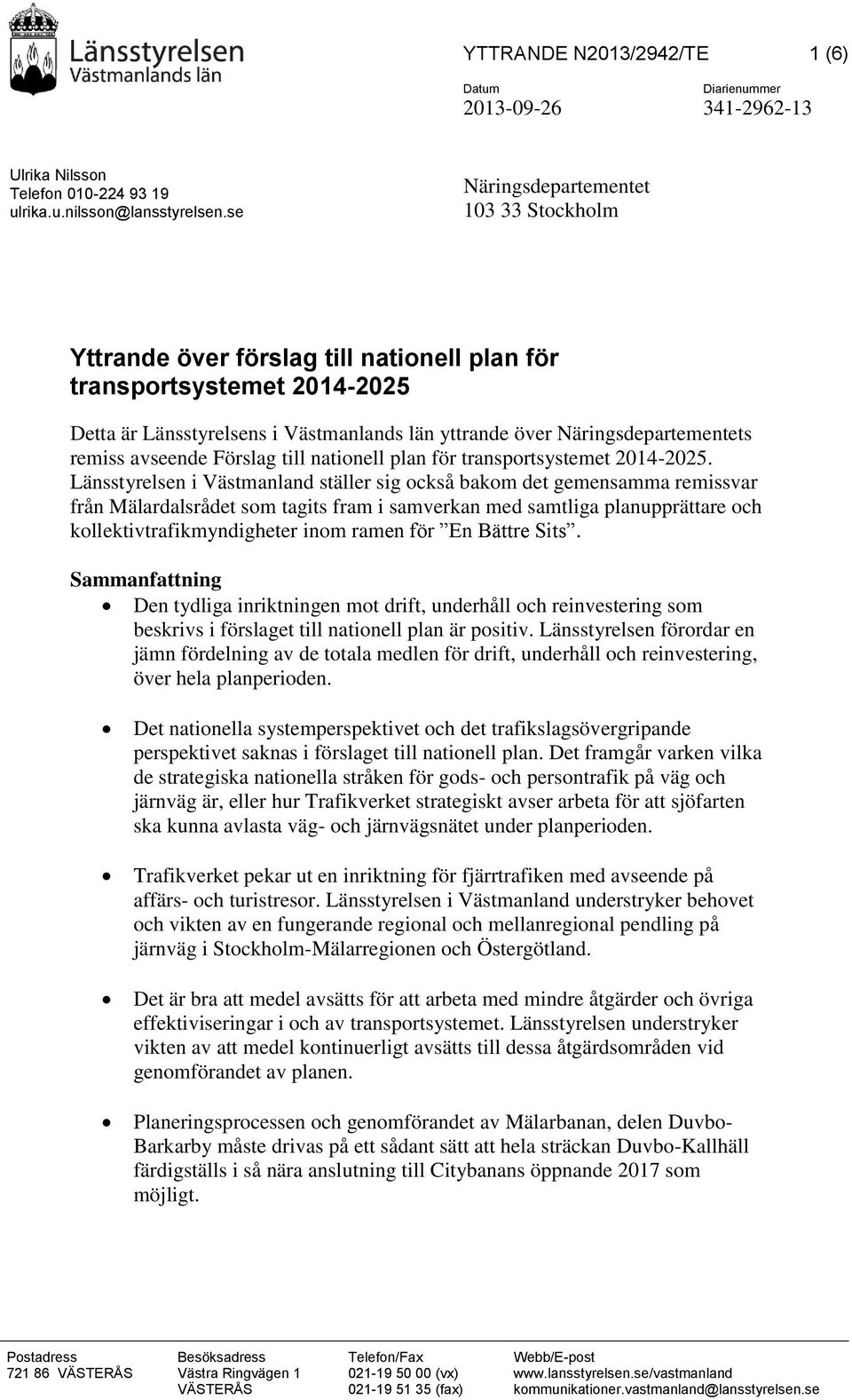 remiss avseende Förslag till nationell plan för transportsystemet 2014-2025.