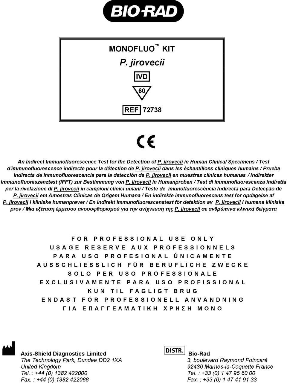 jirovecii en muestras clínicas humanas / Indirekter Immunofluoreszenztest (IFFT) zur Bestimmung von P. jirovecii in Humanproben / Test di immunofluorescenza indiretta per la rivelazione di P.
