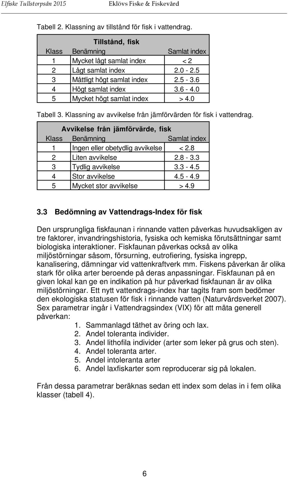 Avvikelse från jämförvärde, fisk Klass Benämning Samlat index 1 Ingen eller obetydlig avvikelse < 2.8 2 Liten avvikelse 2.8-3.3 3 Tydlig avvikelse 3.3-4.5 4 Stor avvikelse 4.5-4.