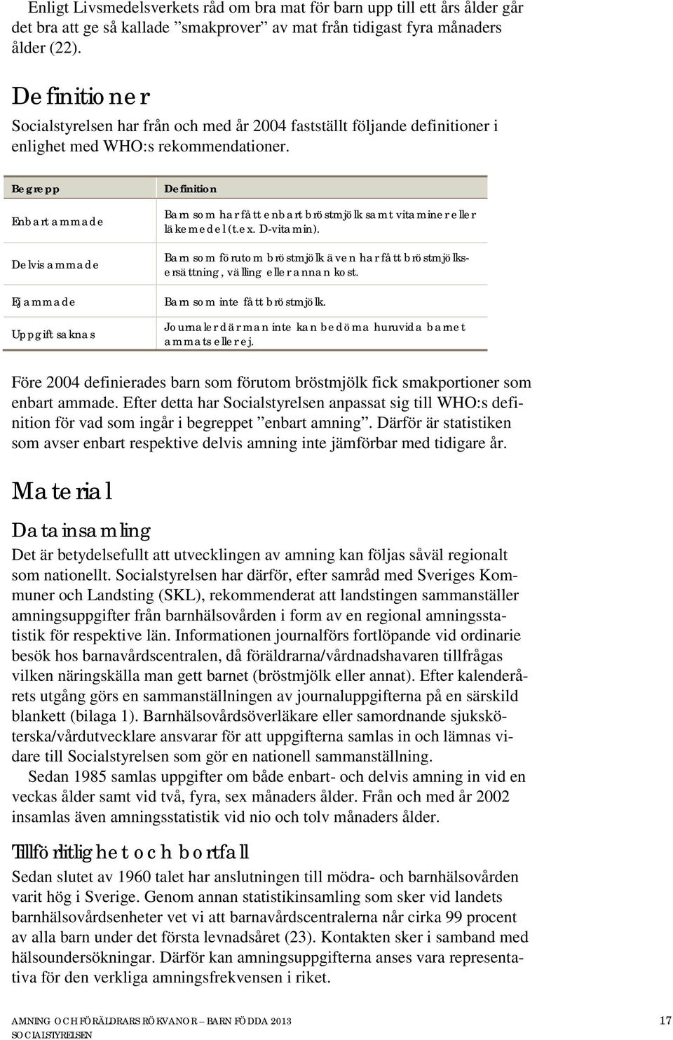 Begrepp Enbart ammade Delvis ammade Ej ammade Uppgift saknas Definition Barn som har fått enbart bröstmjölk samt vitaminer eller läkemedel (t.ex. D-vitamin).