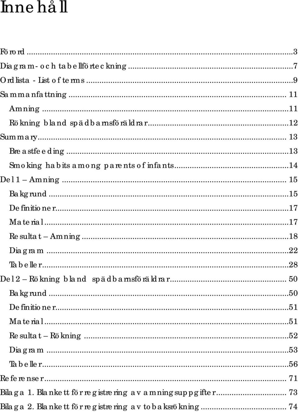 ..17 Resultat Amning...18 Diagram...22 Tabeller...28 Del 2 Rökning bland spädbarnsföräldrar... 50 Bakgrund...50 Definitioner...51 Material.