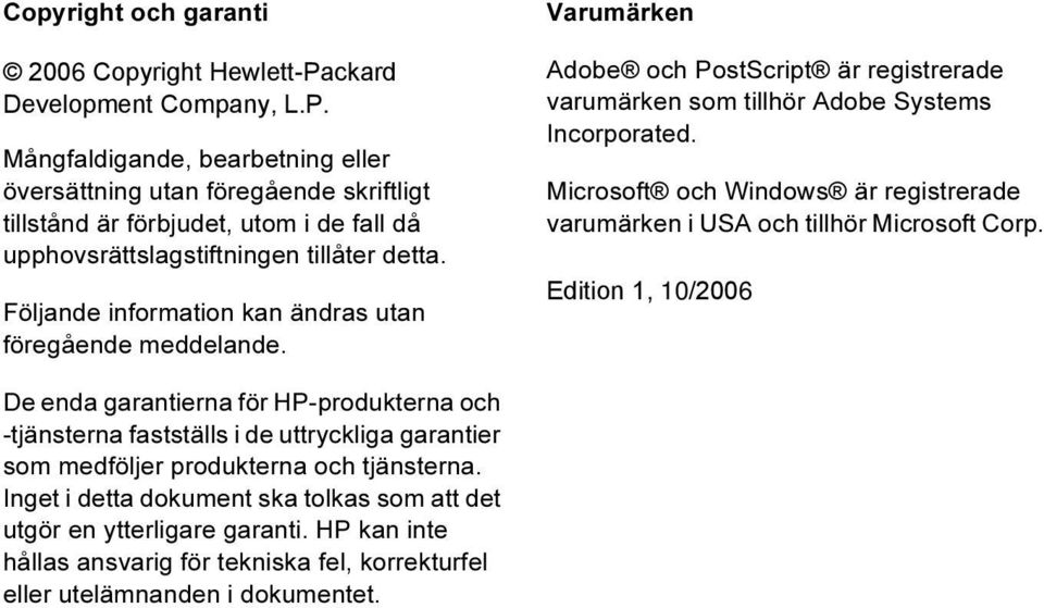 Följande information kan ändras utan föregående meddelande. Varumärken Adobe och PostScript är registrerade varumärken som tillhör Adobe Systems Incorporated.