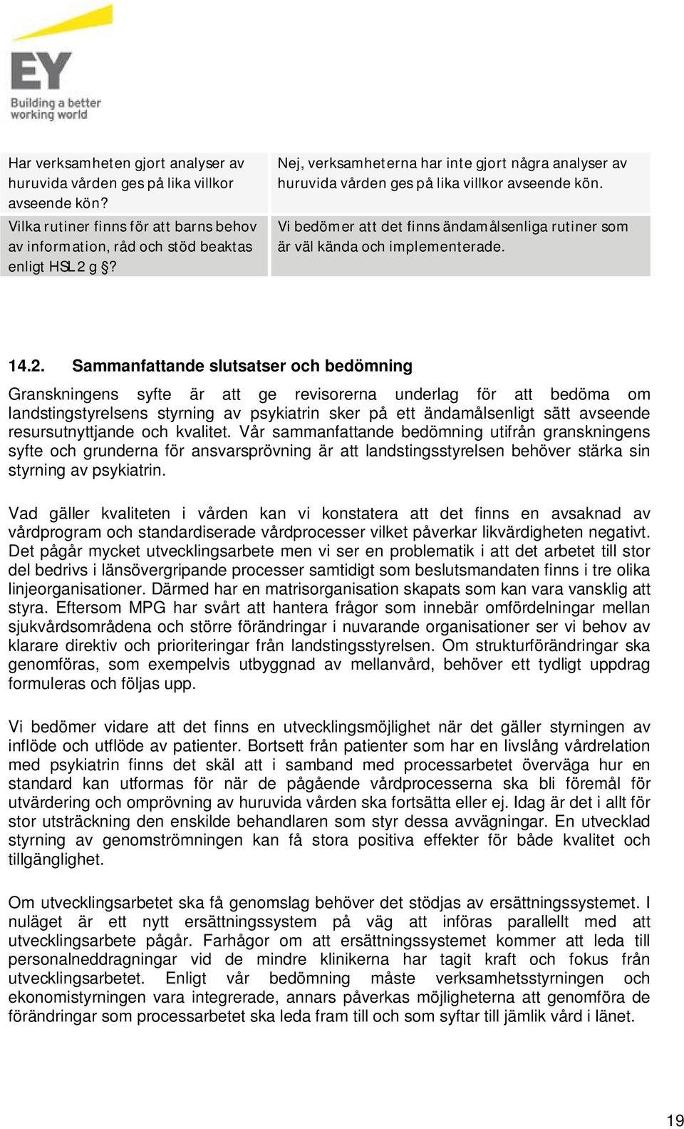 Sammanfattande slutsatser och bedömning Granskningens syfte är att ge revisorerna underlag för att bedöma om landstingstyrelsens styrning av psykiatrin sker på ett ändamålsenligt sätt avseende