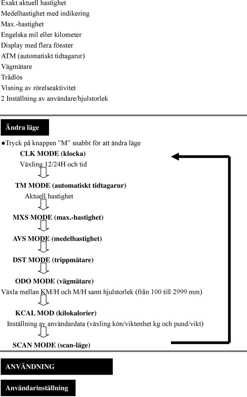 användare/hjulstorlek Ändra läge Tryck på knappen M snabbt för att ändra läge CLK MODE (klocka) Växling 12/24H och tid TM MODE (automatiskt tidtagarur) Aktuell hastighet MS