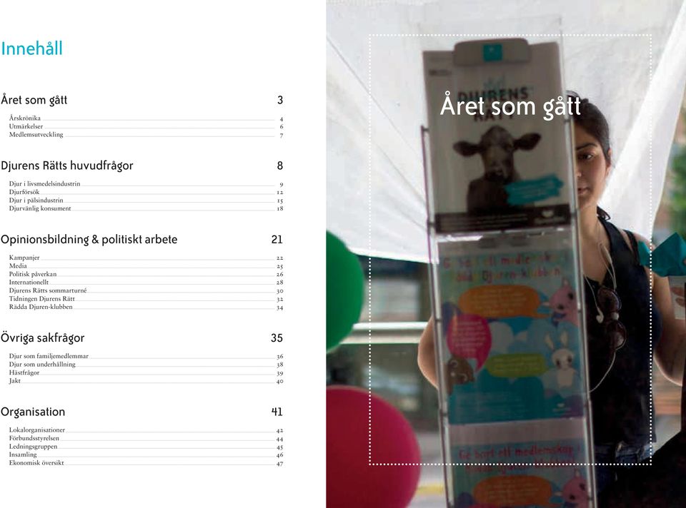 Internationellt 28 Djurens Rätts sommarturné 30 Tidningen Djurens Rätt 32 Rädda Djuren-klubben 34 Övriga sakfrågor 35 Djur som familjemedlemmar 36