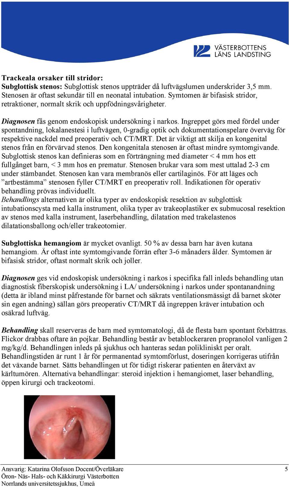 Ingreppet görs med fördel under spontandning, lokalanestesi i luftvägen, 0-gradig optik och dokumentationspelare överväg för respektive nackdel med preoperativ och CT/MRT.