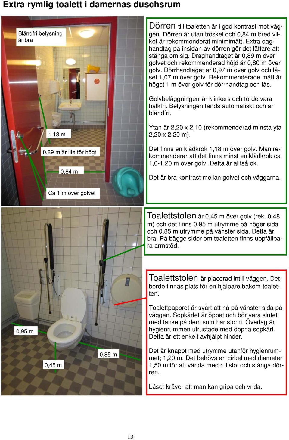 Dörrhandtaget är 0,97 m över golv och låset 1,07 m över golv. Rekommenderade mått är högst 1 m över golv för dörrhandtag och lås. Golvbeläggningen är klinkers och torde vara halkfri.