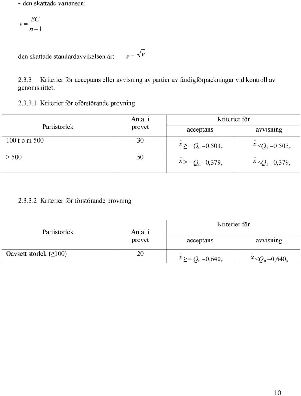 oförstörade provig Partistorlek Atal i Kriterier för provet acceptas avvisig 100 t o m 500 30 x = Q 0,503 s > 500 50 x = Q