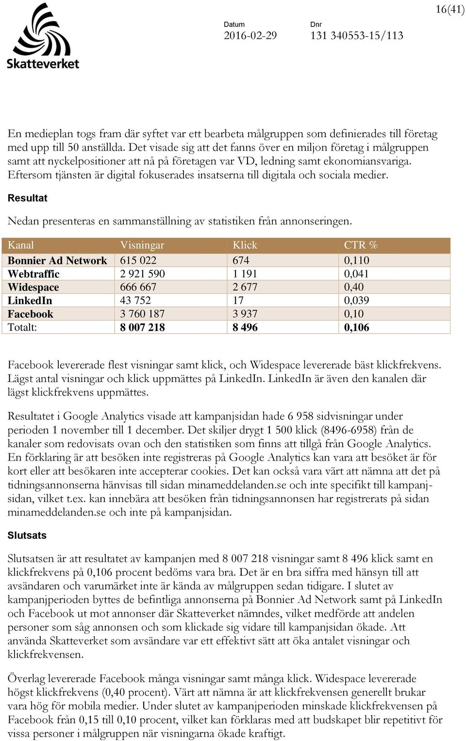 Eftersom tjänsten är digital fokuserades insatserna till digitala och sociala medier. Resultat Nedan presenteras en sammanställning av statistiken från annonseringen.