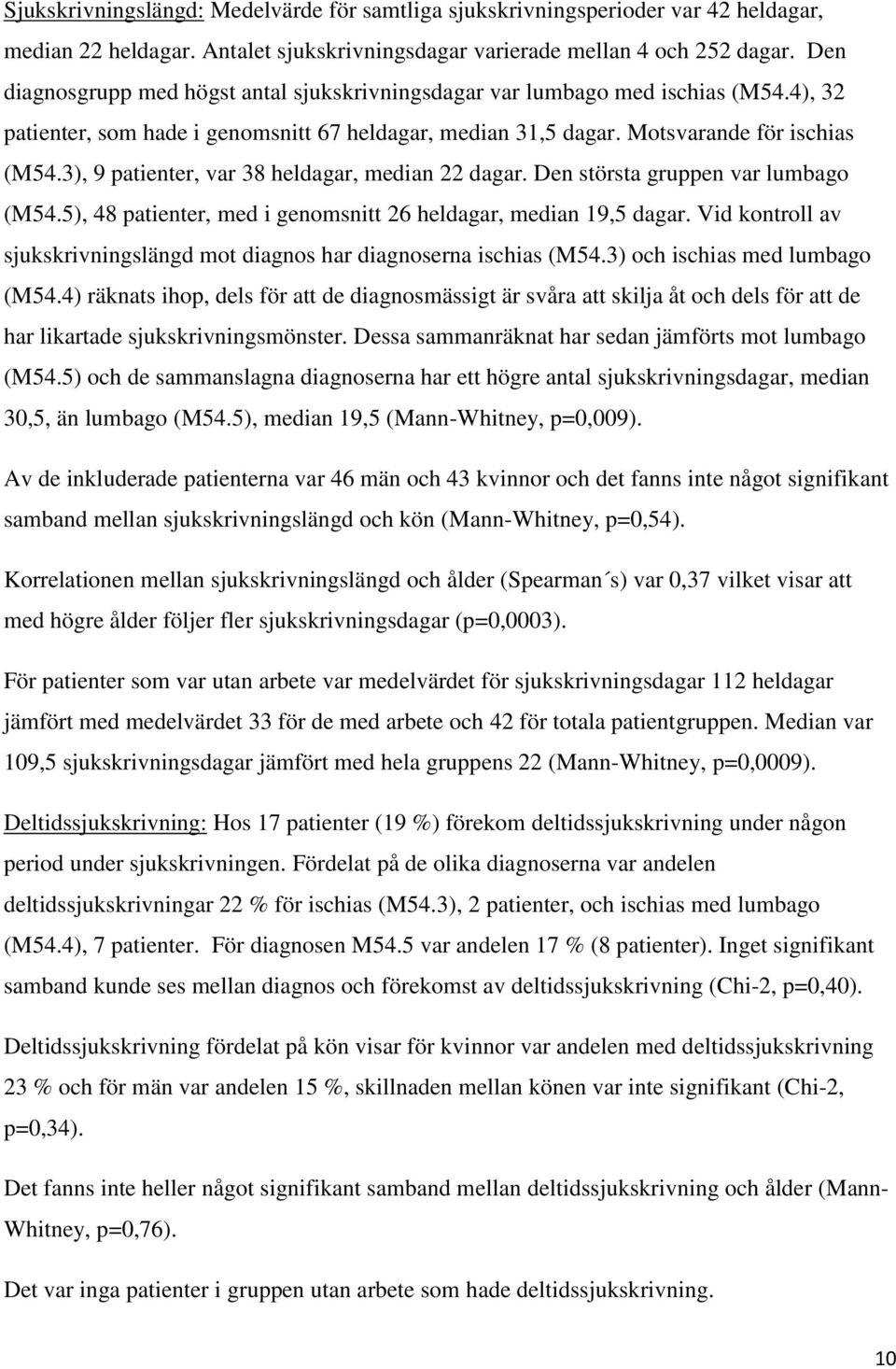 3), 9 patienter, var 38 heldagar, median 22 dagar. Den största gruppen var lumbago (M54.5), 48 patienter, med i genomsnitt 26 heldagar, median 19,5 dagar.