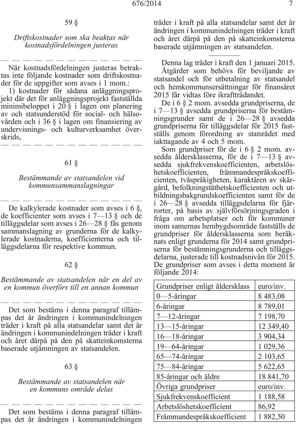 om finansiering av undervisnings- och kulturverksamhet överskrids, 61 Bestämmande av statsandelen vid kommunsammanslagningar De kalkylerade kostnader som avses i 6, de koefficienter som avses i 7 13