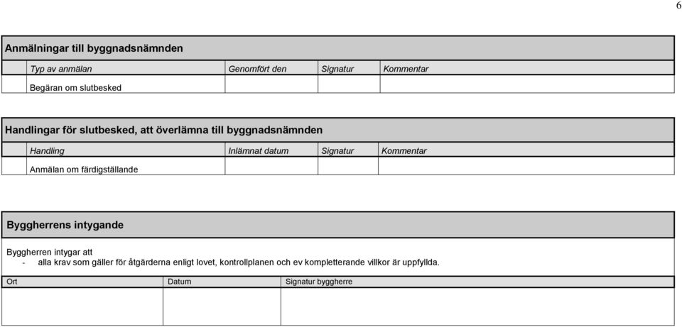 Signatur Kommentar Anmälan om färdigställande Byggherrens intygande Byggherren intygar att - alla krav