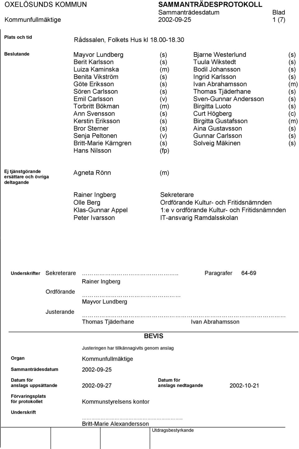 (m) Sören Carlsson (s) Thomas Tjäderhane (s) Emil Carlsson (v) Sven-Gunnar Andersson (s) Torbritt Bökman (m) Birgitta Luoto (s) Ann Svensson (s) Curt Högberg (c) Kerstin Eriksson (s) Birgitta