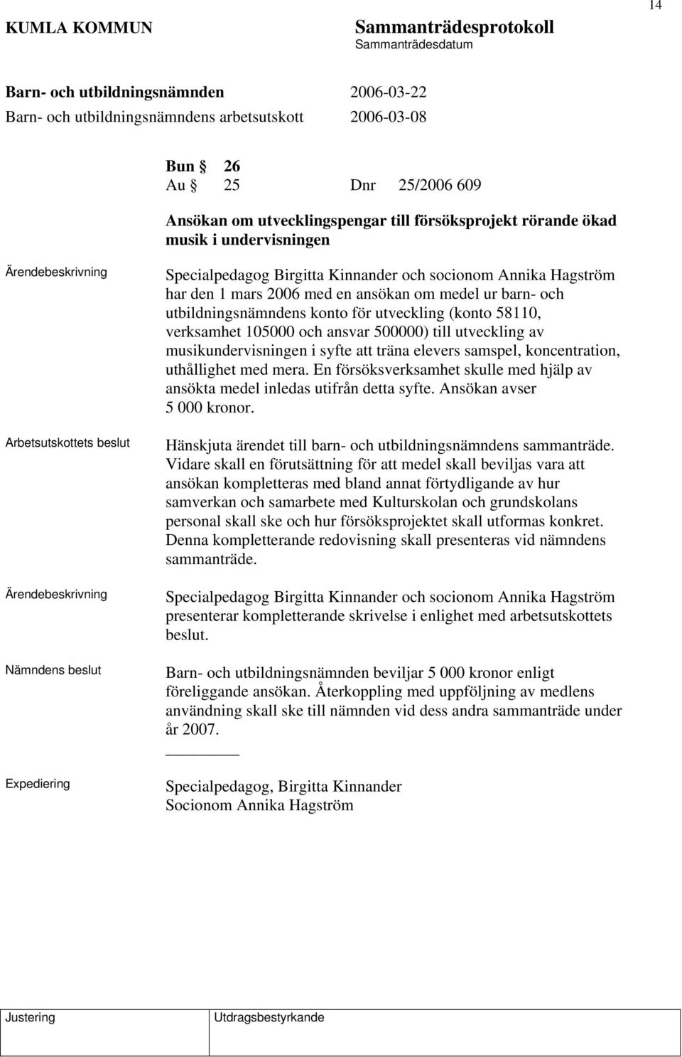 syfte att träna elevers samspel, koncentration, uthållighet med mera. En försöksverksamhet skulle med hjälp av ansökta medel inledas utifrån detta syfte. Ansökan avser 5 000 kronor.