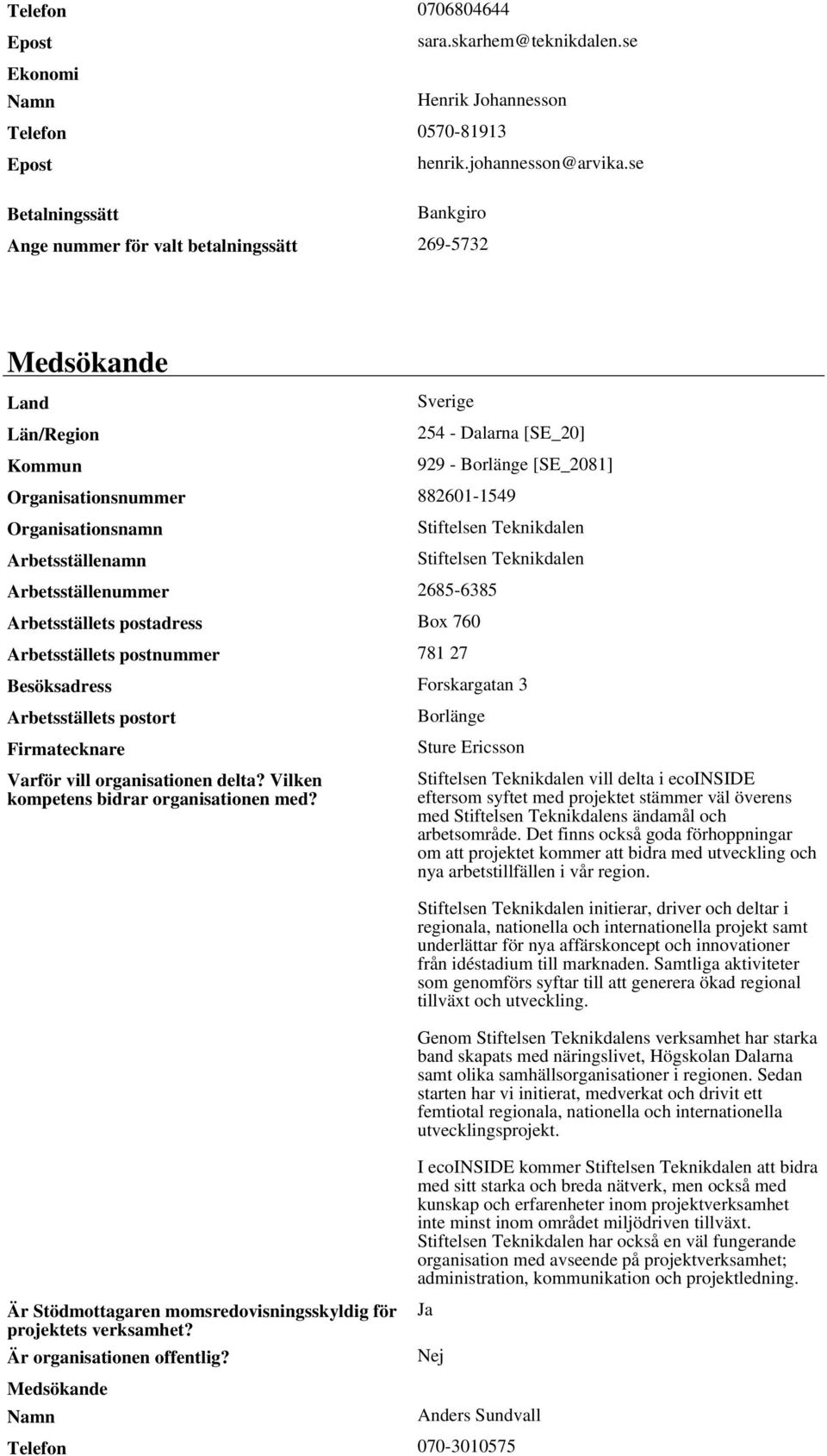 Organisationsnamn Arbetsställenamn Arbetsställenummer 2685-6385 Arbetsställets postadress Box 760 Arbetsställets postnummer 781 27 Stiftelsen Teknikdalen Stiftelsen Teknikdalen Besöksadress