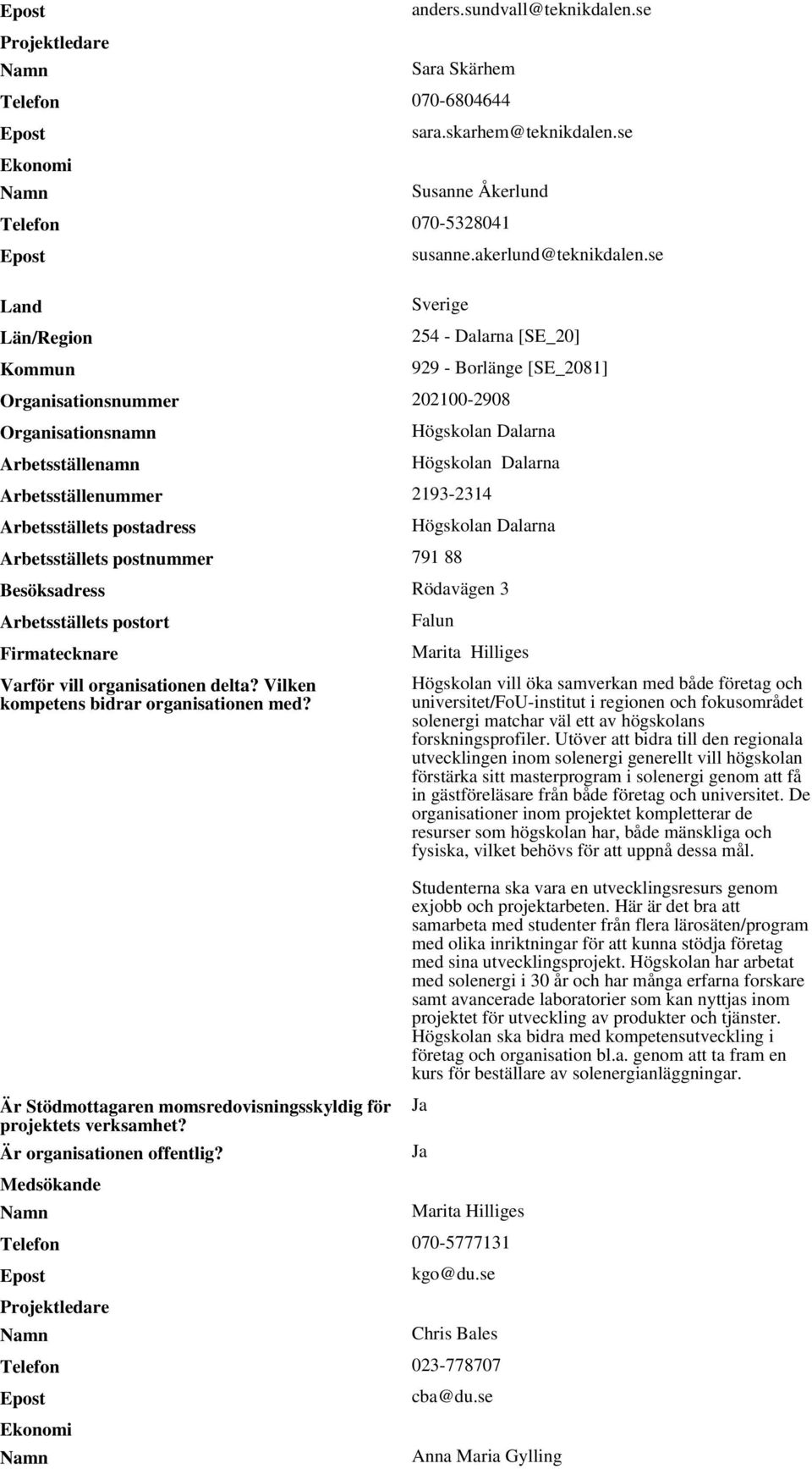 se Sverige 254 - Dalarna [SE_20] 929 - Borlänge [SE_2081] Organisationsnummer 202100-2908 Organisationsnamn Arbetsställenamn Högskolan Dalarna Högskolan Dalarna Arbetsställenummer 2193-2314